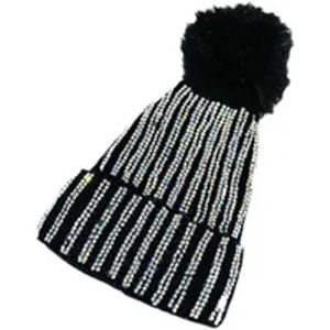 Black Womens Faux Fur PomPom Rhinestone Beads Beanie